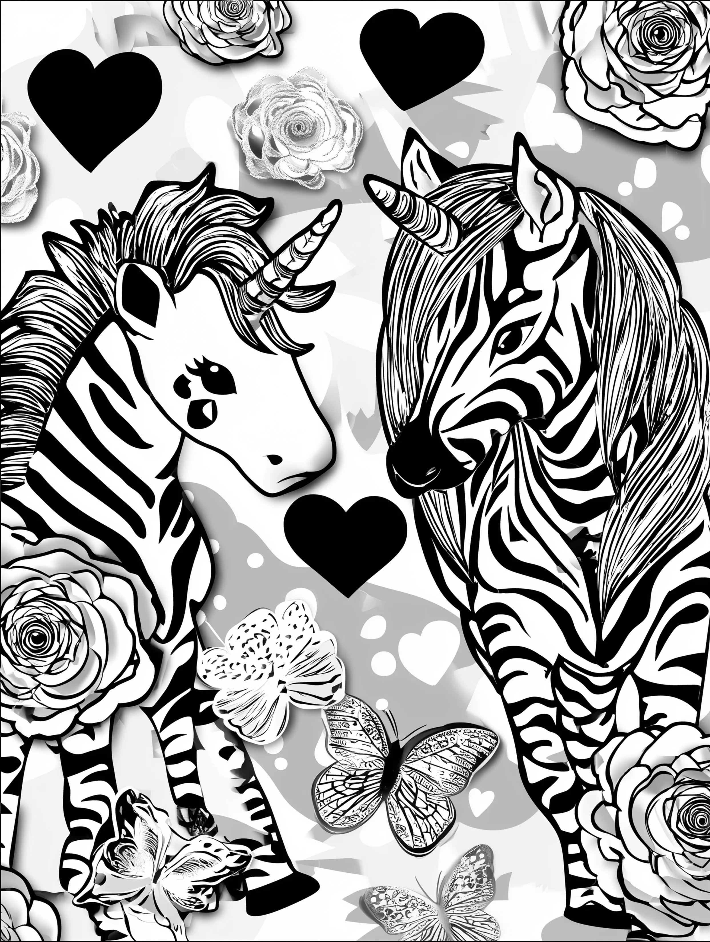Free printable unicorn coloring page for adults featuring two unicorns in love